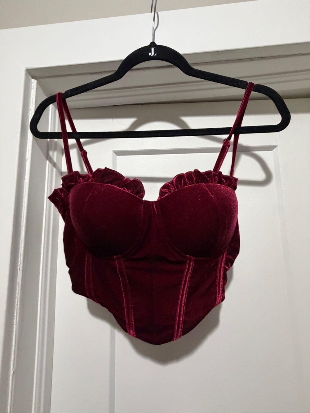 Cider Velvet Ruffled Bustier Crop Top - Burgundy